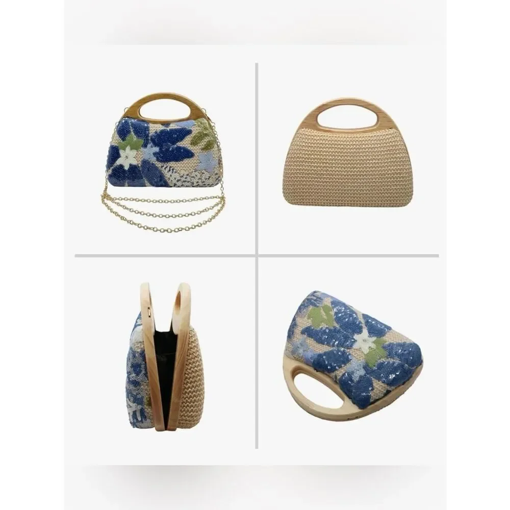 NEW Blue Floral Beaded Handbag with Wood Handle
